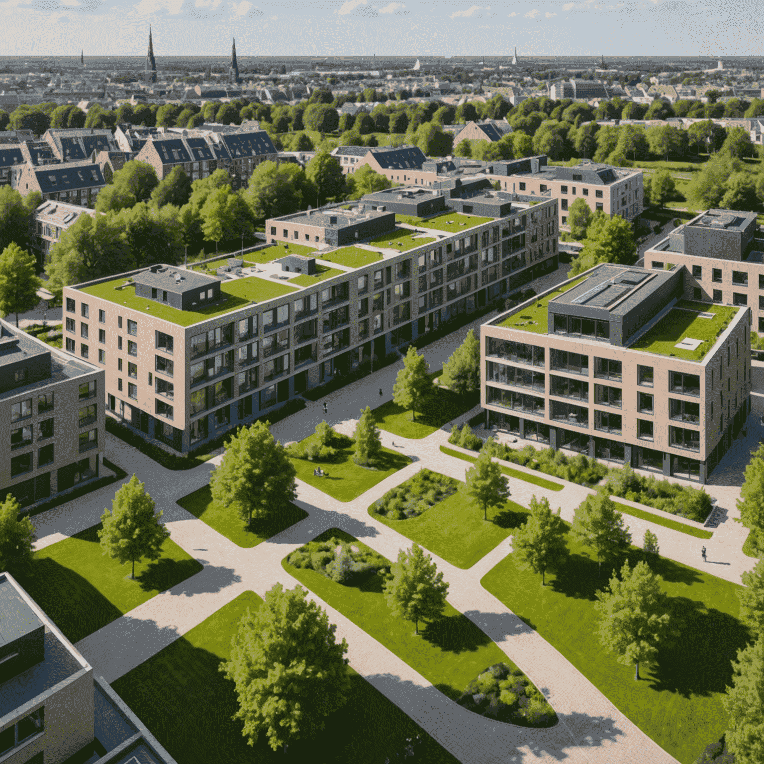 Panoramisch uitzicht over een nieuwe woonwijk in Leiden, met moderne architectuur, groene ruimtes en jonge gezinnen die genieten van de buitenruimte