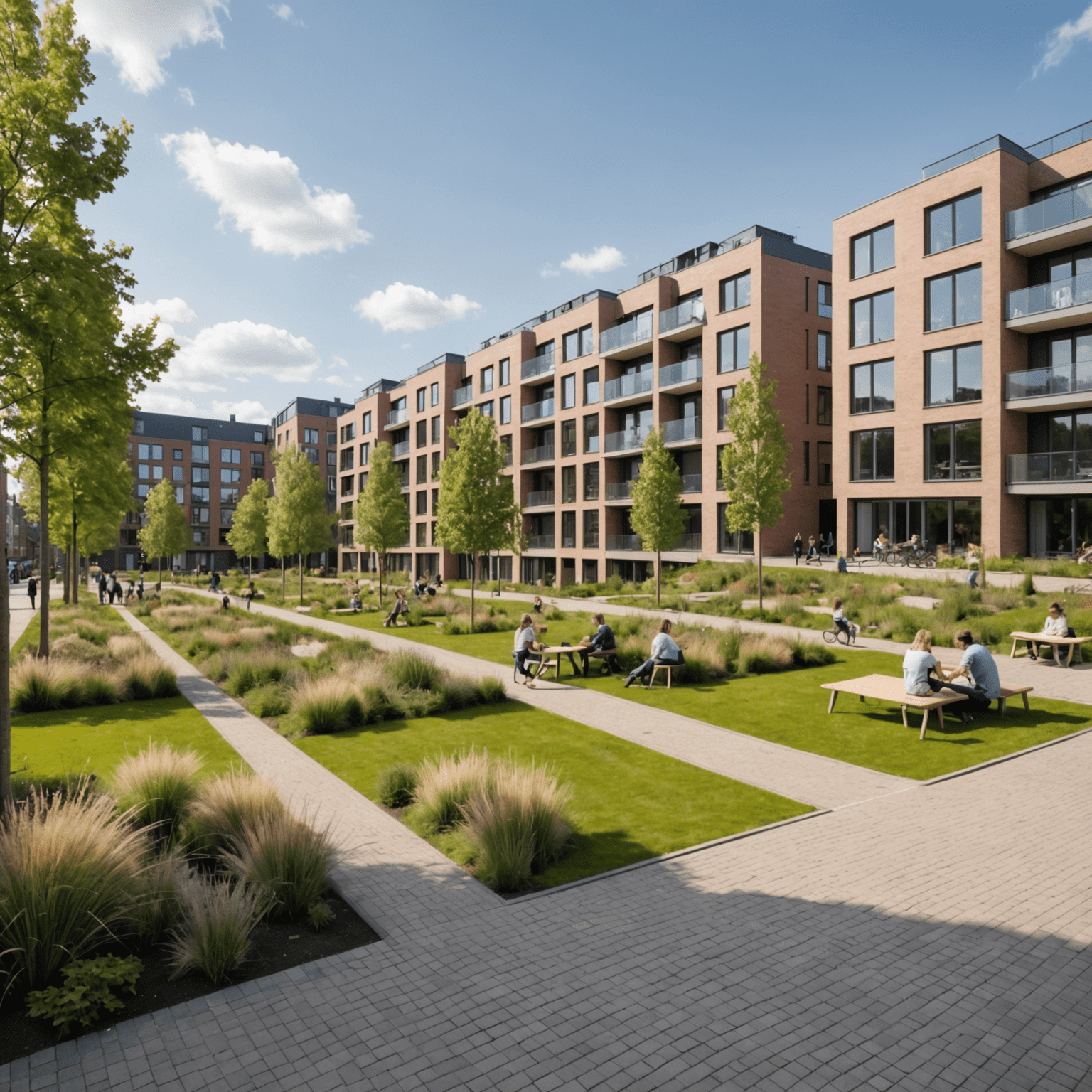 Panoramisch uitzicht op een nieuwe woonwijk in Leiden met moderne architectuur, groene ruimtes en jonge gezinnen die genieten van hun omgeving
