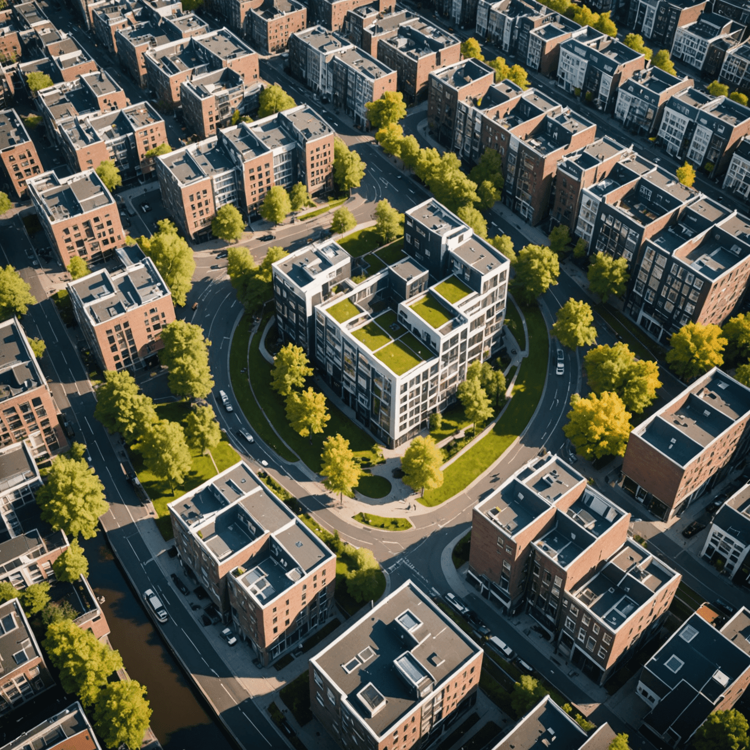 Luchtfoto van een opkomende wijk in Amsterdam met moderne appartementen, groene ruimtes en fietsroutes