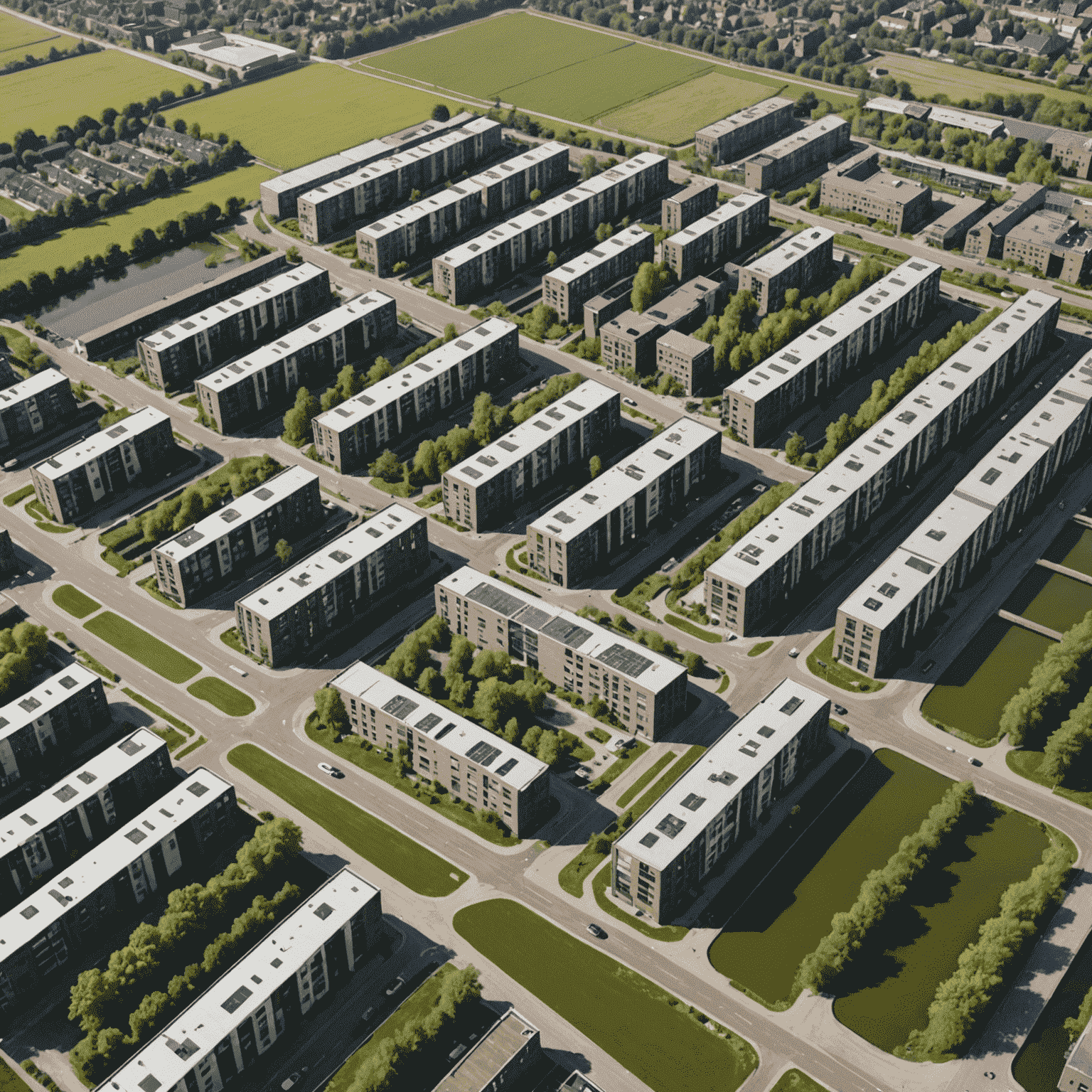 Luchtfoto van Buiksloterham, een voormalig industriegebied dat wordt getransformeerd tot een duurzame woonwijk met moderne architectuur en groene ruimtes