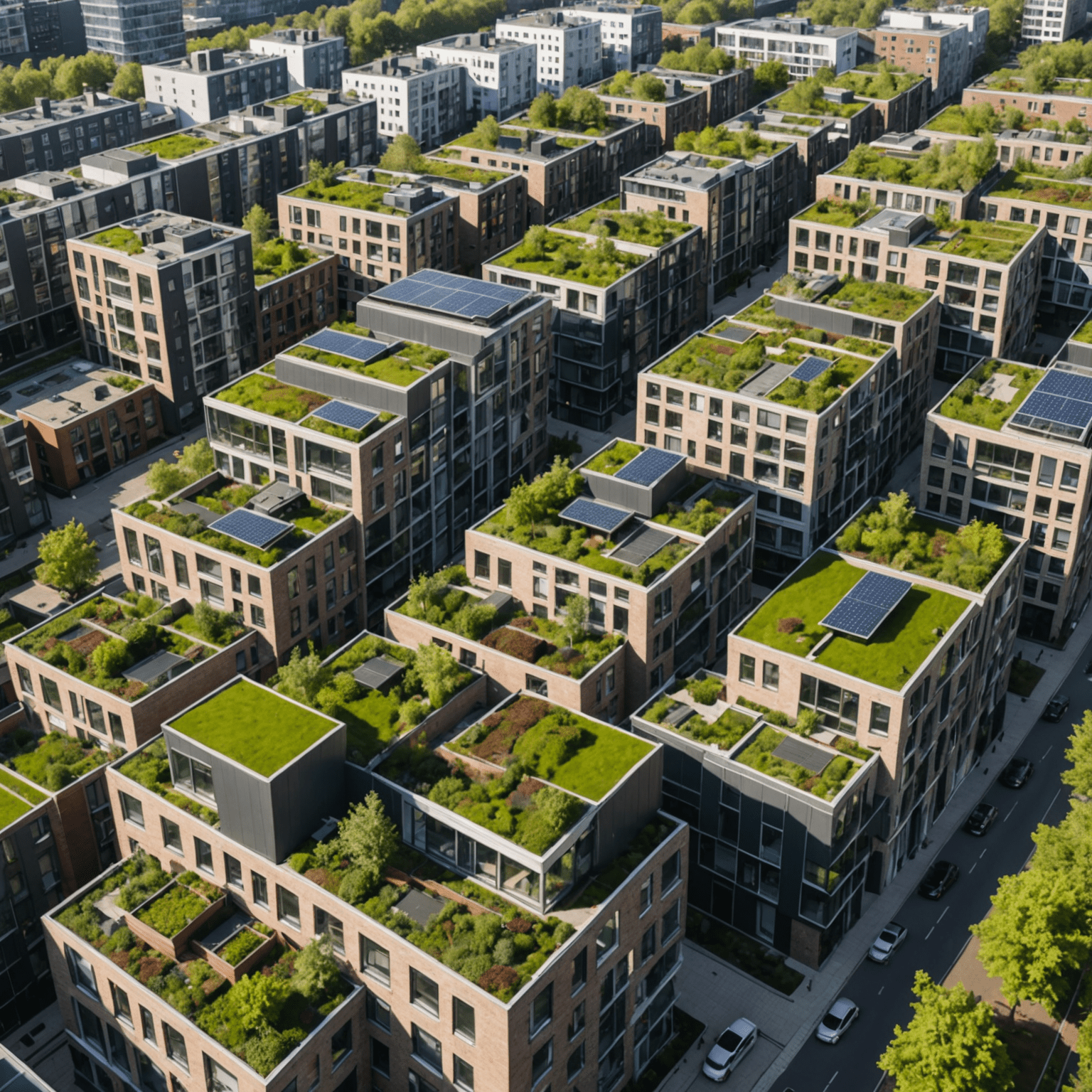Panoramisch uitzicht op een nieuwe eco-vriendelijke woonwijk in Rotterdam, met groene daken, zonnepanelen en gemeenschappelijke tuinen