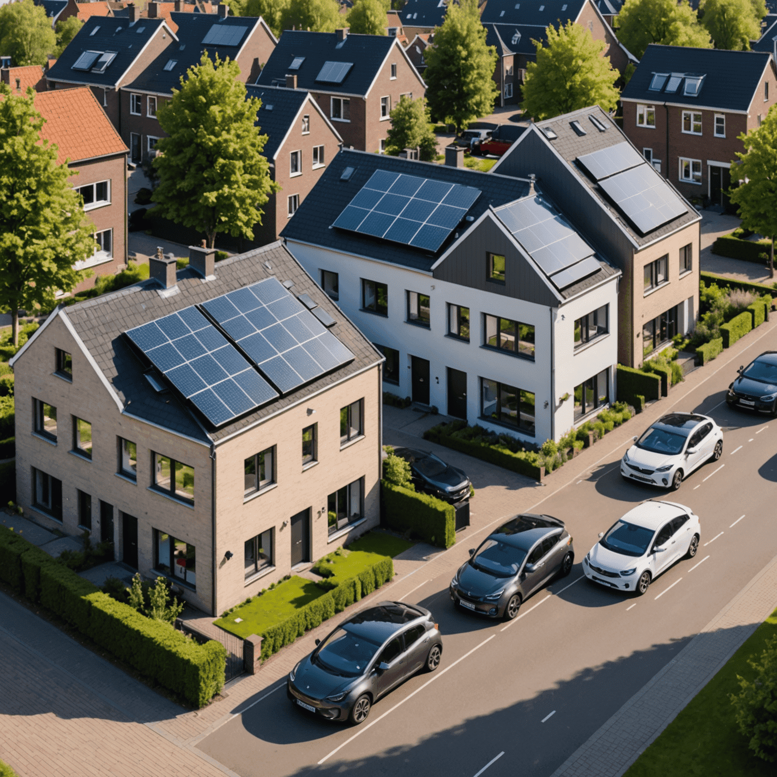 Een moderne woonwijk in Utrecht met slimme huizen, zonnepanelen op de daken en elektrische auto's voor de deuren