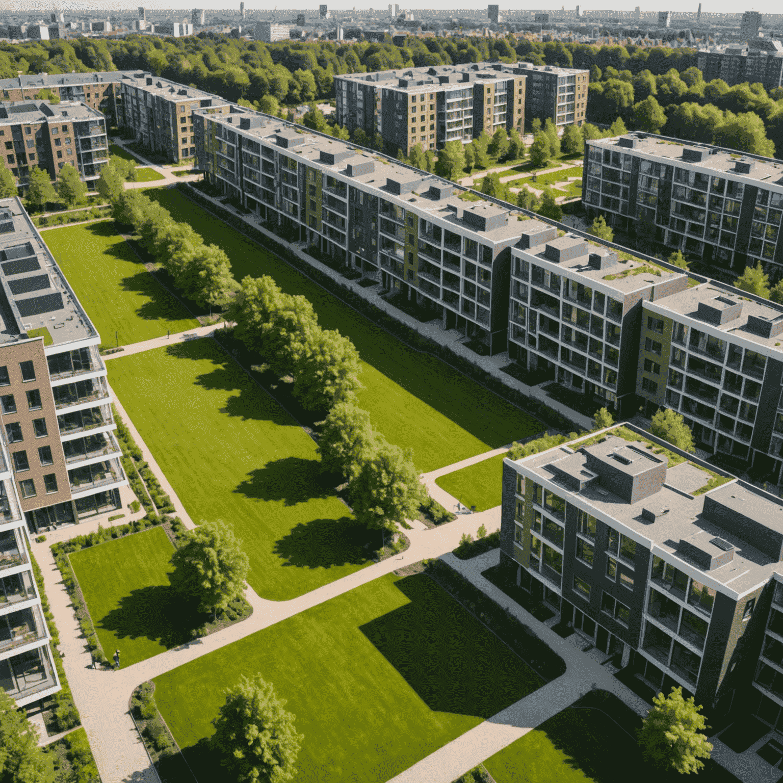 Panoramisch uitzicht op een nieuw woningbouwproject in Den Haag, met moderne appartementen en groene ruimtes
