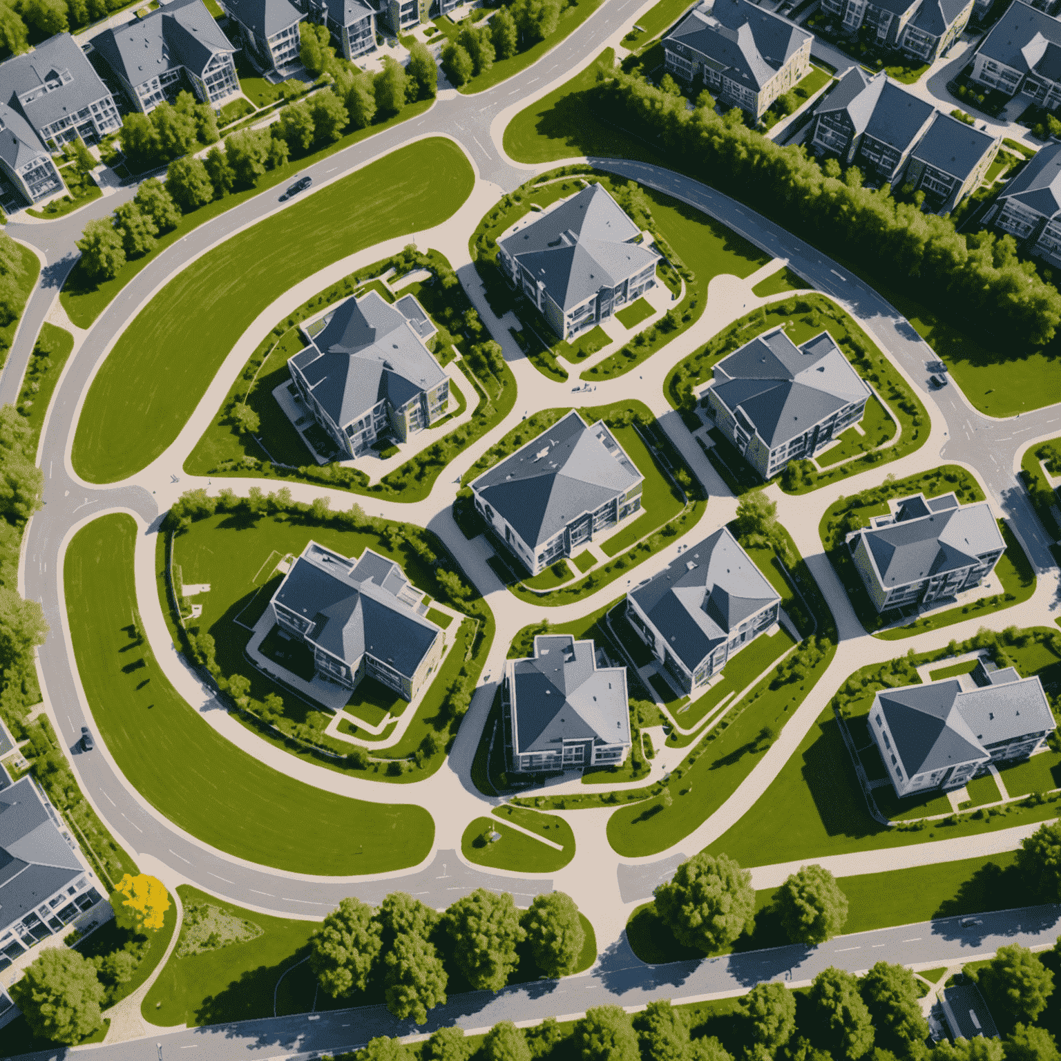 Luchtfoto van een nieuwe buitenwijk in Eindhoven met moderne huizen, groene parken en speeltuinen