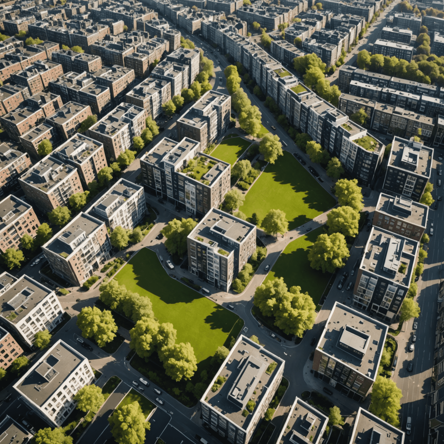 Luchtfoto van een opkomende wijk in Amsterdam met moderne appartementen en groene ruimtes