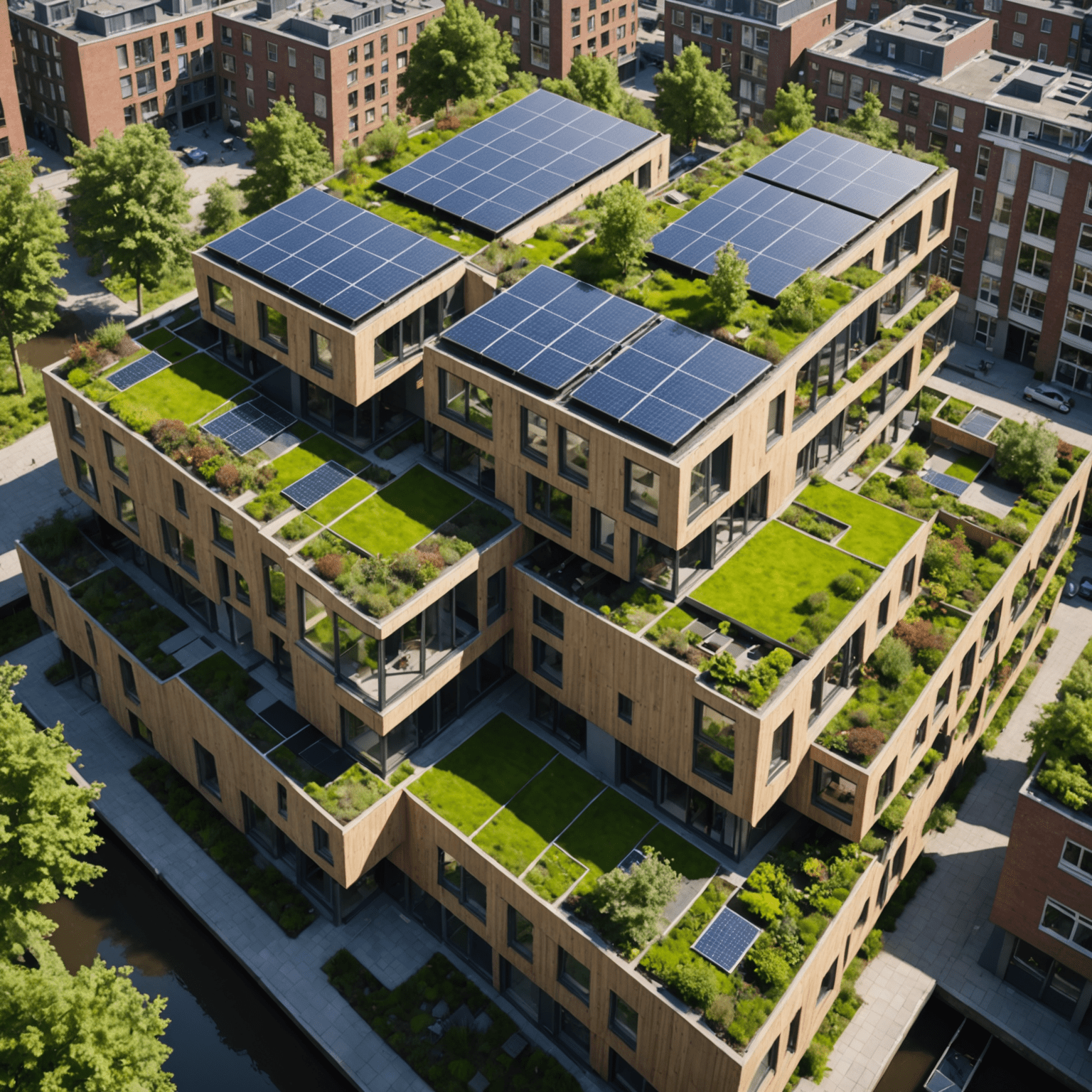 Eco-vriendelijk woningbouwproject in Rotterdam met zonnepanelen, groene daken en gemeenschappelijke tuinen