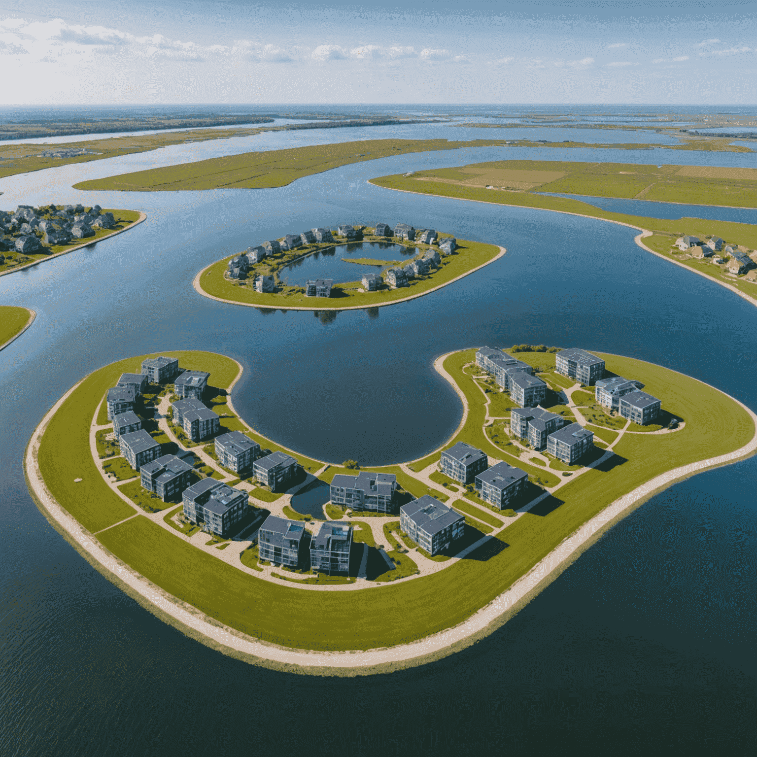 Panoramisch uitzicht op Centrumeiland, een nieuw kunstmatig eiland in het IJmeer met moderne, energieneutrale woningen en waterrijke omgeving