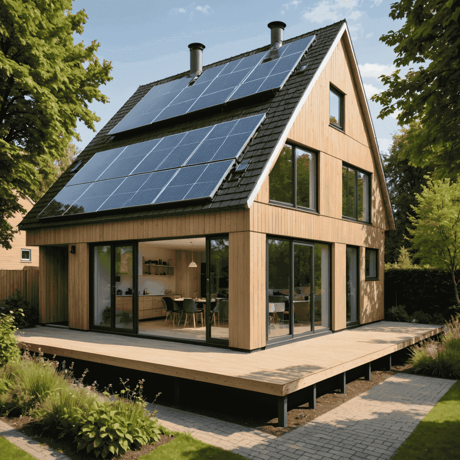 Close-up van een modern, duurzaam huis in Rotterdam met grote ramen, houten gevelbekleding en geïntegreerde zonnepanelen