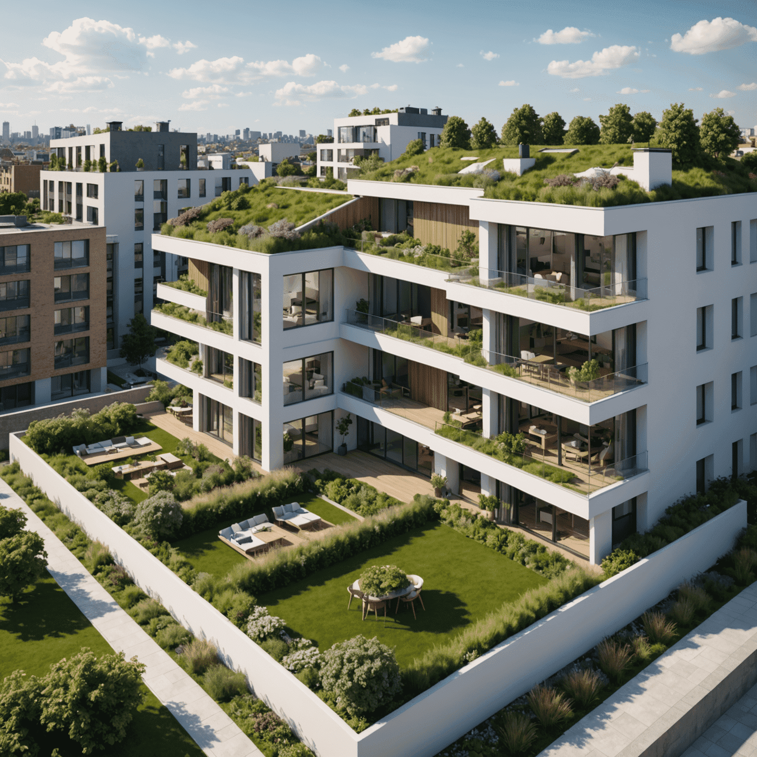 3D-render van het 'Groene Oase' project met groene dakterrassen en moderne appartementen