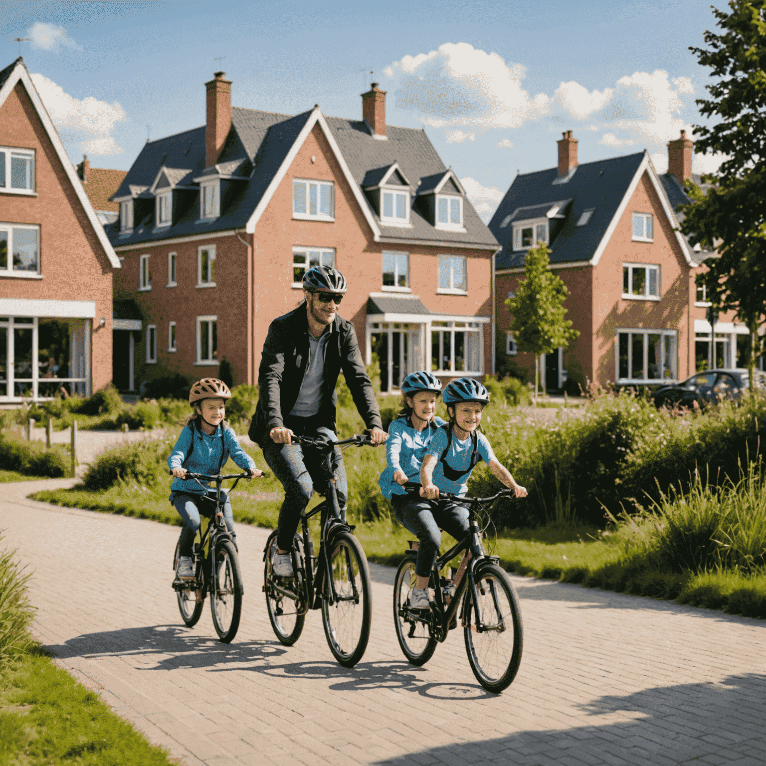 Gezin fietst langs het Meerland in Meerhoven, met op de achtergrond moderne woningen