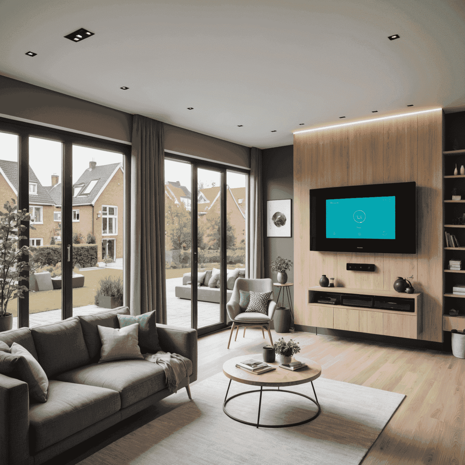Interieur van een slim huis in Utrecht met geïntegreerde technologie, touchscreens en energiebesparende apparaten