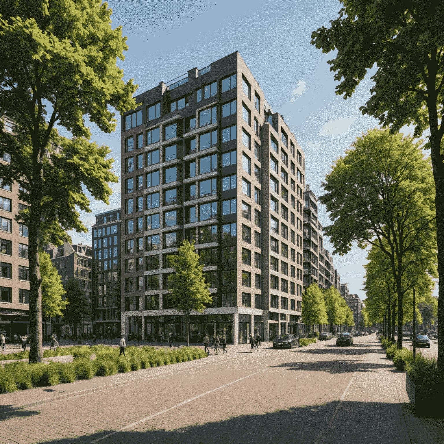 Straatbeeld van Amstelkwartier met moderne appartementen, groene boulevards en uitzicht op de Amstel