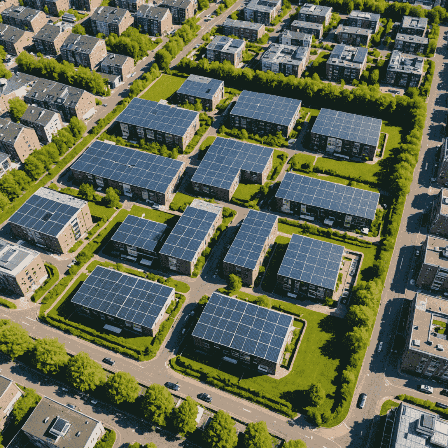 Luchtfoto van de Energiewijk Pendrecht in Rotterdam, met zichtbare zonnepanelen op alle daken en groene corridors tussen de huizen