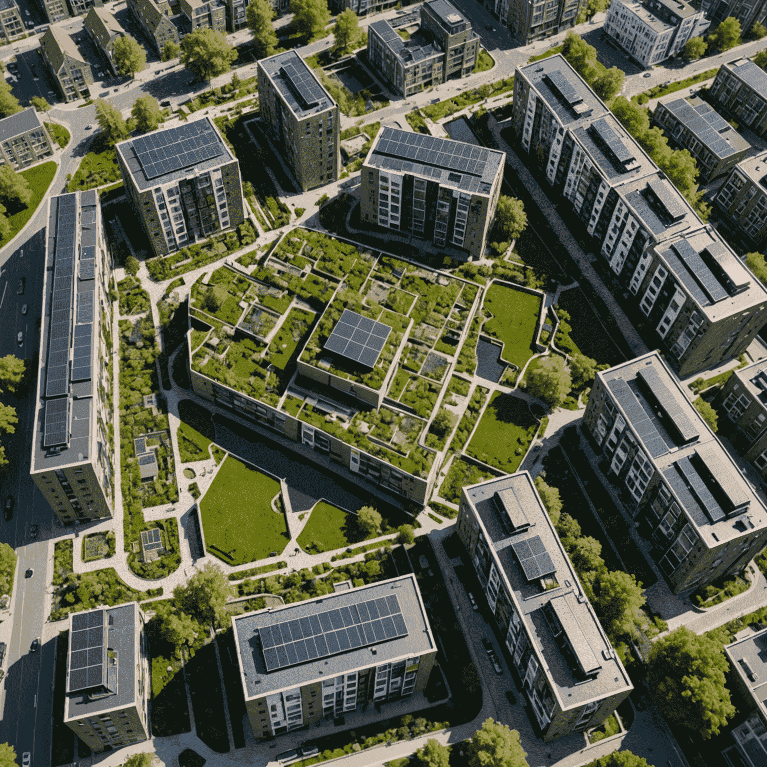 Luchtfoto van een nieuwe wijk in Utrecht met groene daken, zonnepanelen en gemeenschappelijke tuinen