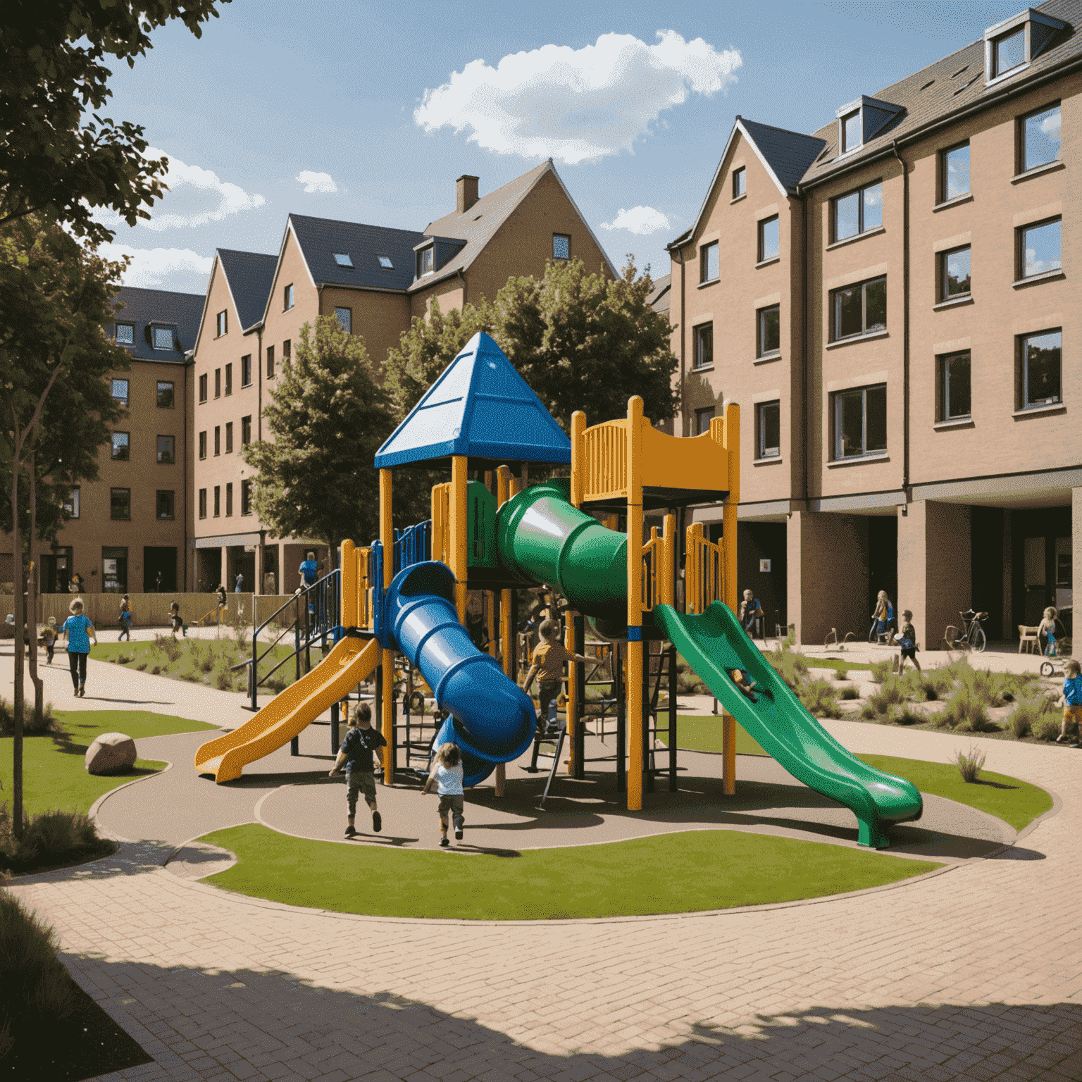 Kinderen spelen in een moderne speeltuin in Blixembosch, omringd door nieuwe woningen