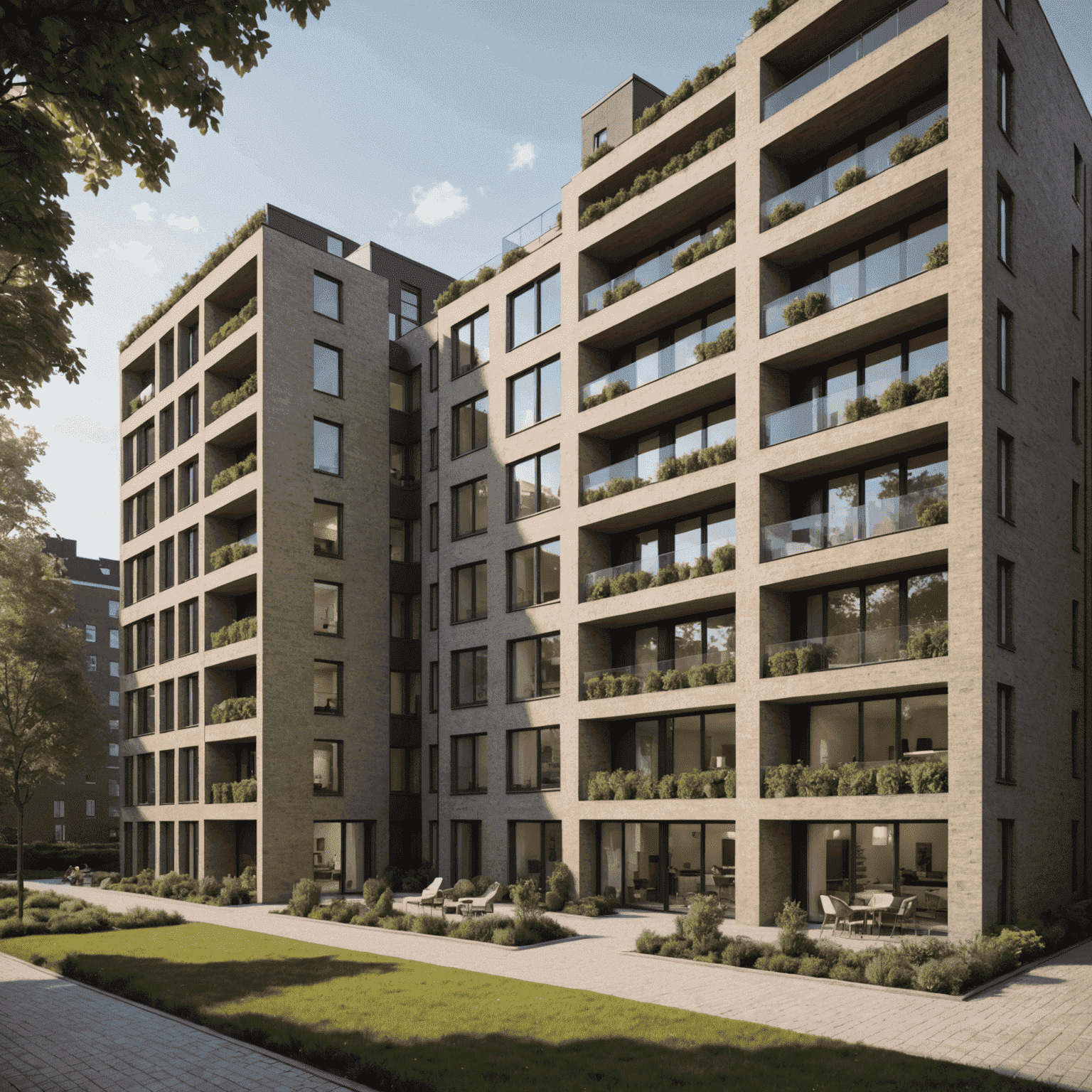 Render van een luxe maar betaalbaar appartementencomplex in Den Haag met gemeenschappelijke voorzieningen