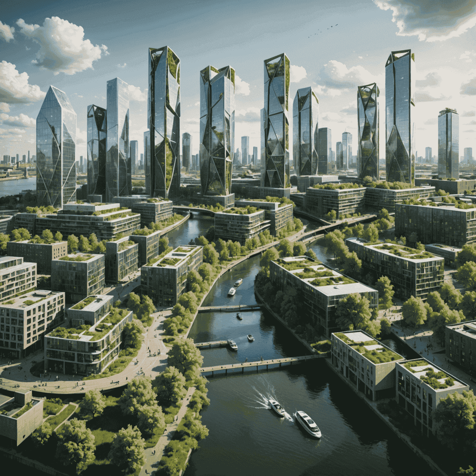 Toekomstvisie van Rotterdam met een skyline vol groene gebouwen, drijvende wijken en uitgebreide fietsnetwerken