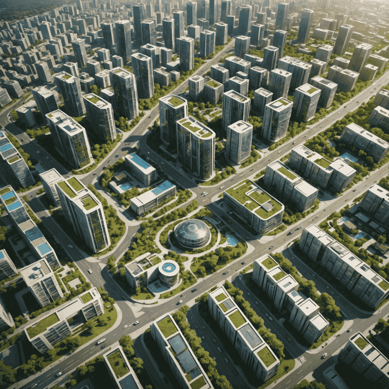 Luchtfoto van de 'Stadswijk van de Toekomst' met groene straten en diverse woningtypes