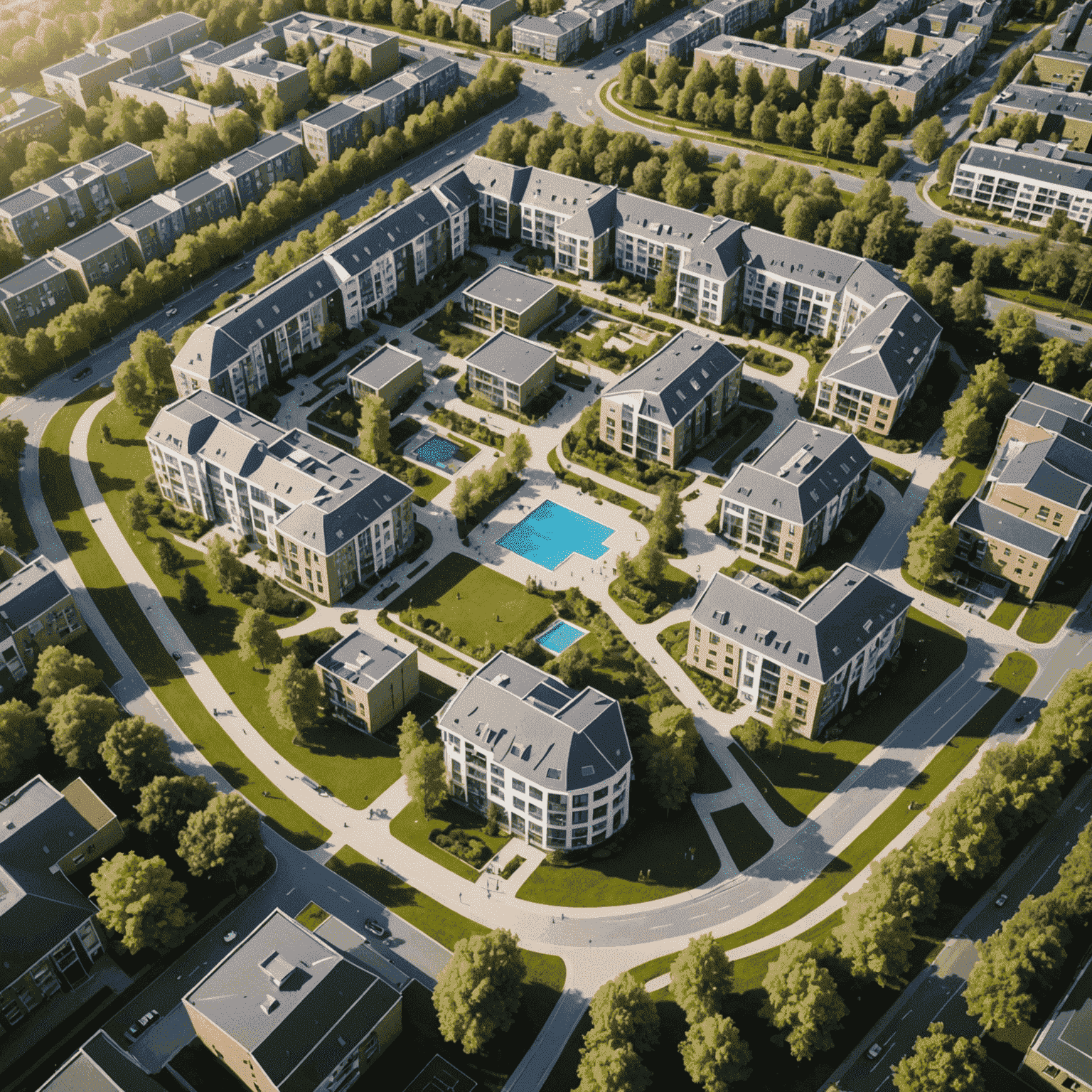 Luchtfoto van een nieuwe gezinsvriendelijke wijk in Eindhoven met parken, scholen en recreatievoorzieningen