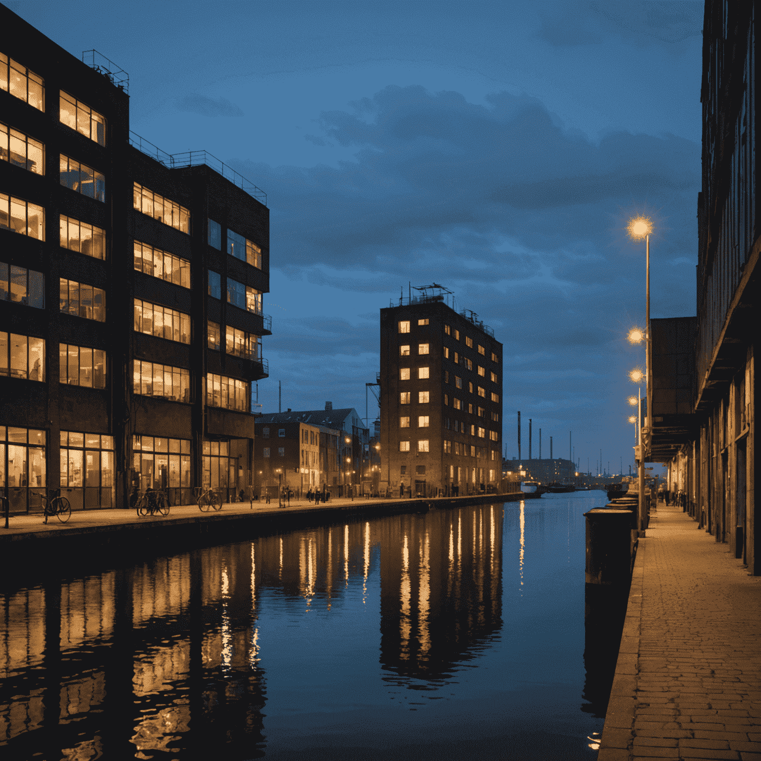Sfeervolle avondfoto van de NDSM-werf met industriële gebouwen, street art en moderne woonprojecten aan het IJ